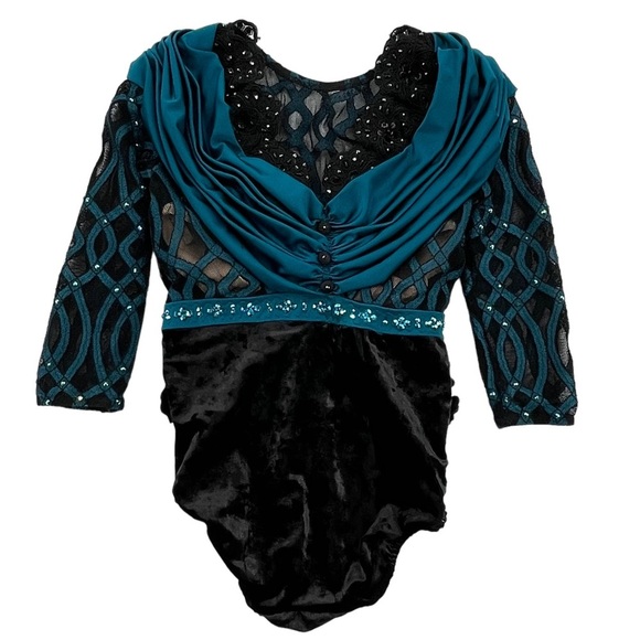 Competition Dance Solo Costume Black Velvet Leotard Teal Accent Rhinestones AXXS - Picture 4 of 14